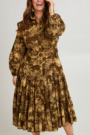 Model Laura wearing size 14 of the Happy Gatherings Dress in colour Toile (Green), from the front, cropped image