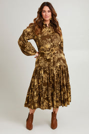 Model Laura wearing size 14 of the Happy Gatherings Dress in colour Toile (Green), from the front, showing the whole outfit