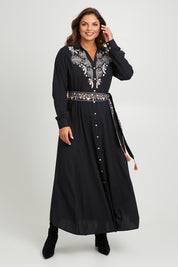 Model Monique wearing size 14 of the State Of Grace Maxi Dress in colour Black (Black), from the front, showing the whole outfit
