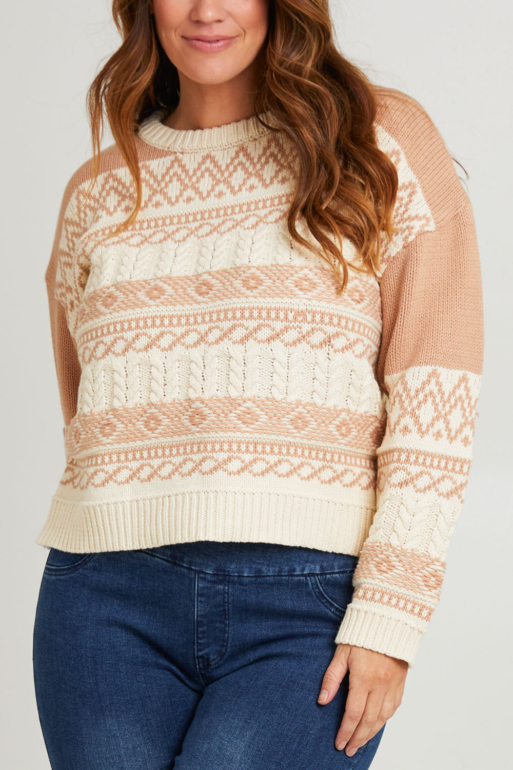 Model Laura wearing size L of the Fair Isle Of Mine Jumper in colour Natural, from the front, cropped image