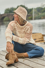Model Tegan wearing size S of the Fair Isle Of Mine Jumper in colour Natural, from the front, showing the whole outfit