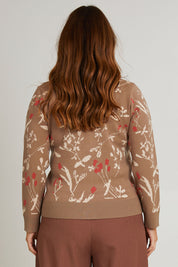 Model Laura wearing size L of the Fleur Delight Trim Cardi in colour Chocfleur, from the back