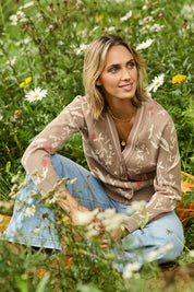 Model Tegan wearing size S of the Fleur Delight Trim Cardi in colour Chocfleur, from the front, showing the whole outfit