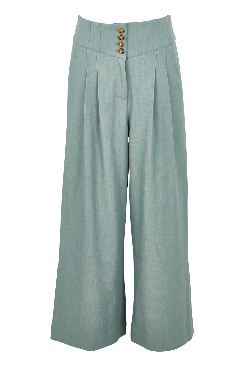 Product shot of the High Flying Wide Leg Pants in colour Dusk (Green), from the front