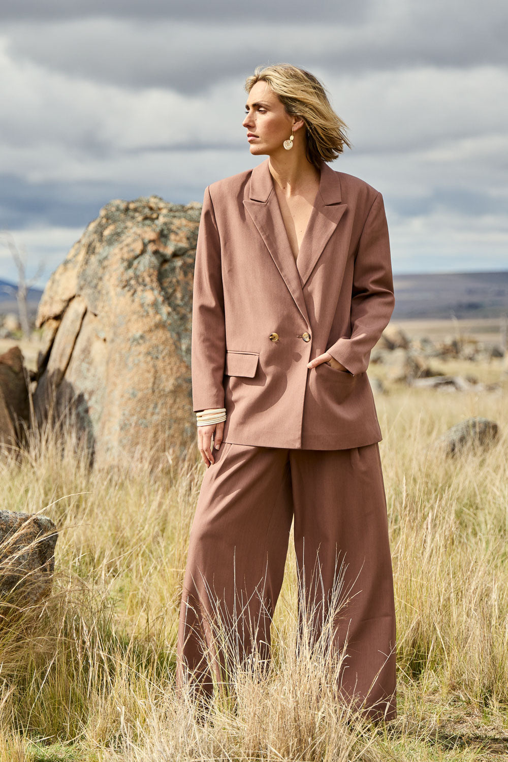Model Tegan wearing size 10 of the High Flying Oversized Blazer in colour Walnut, from the front, showing the whole outfit