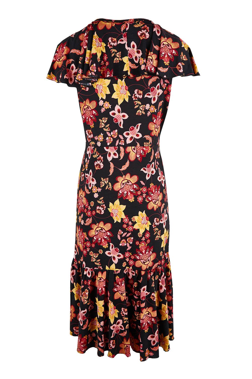 Product shot of The Frill You Give Me Dress in colour Blkfleur (Black), from the back