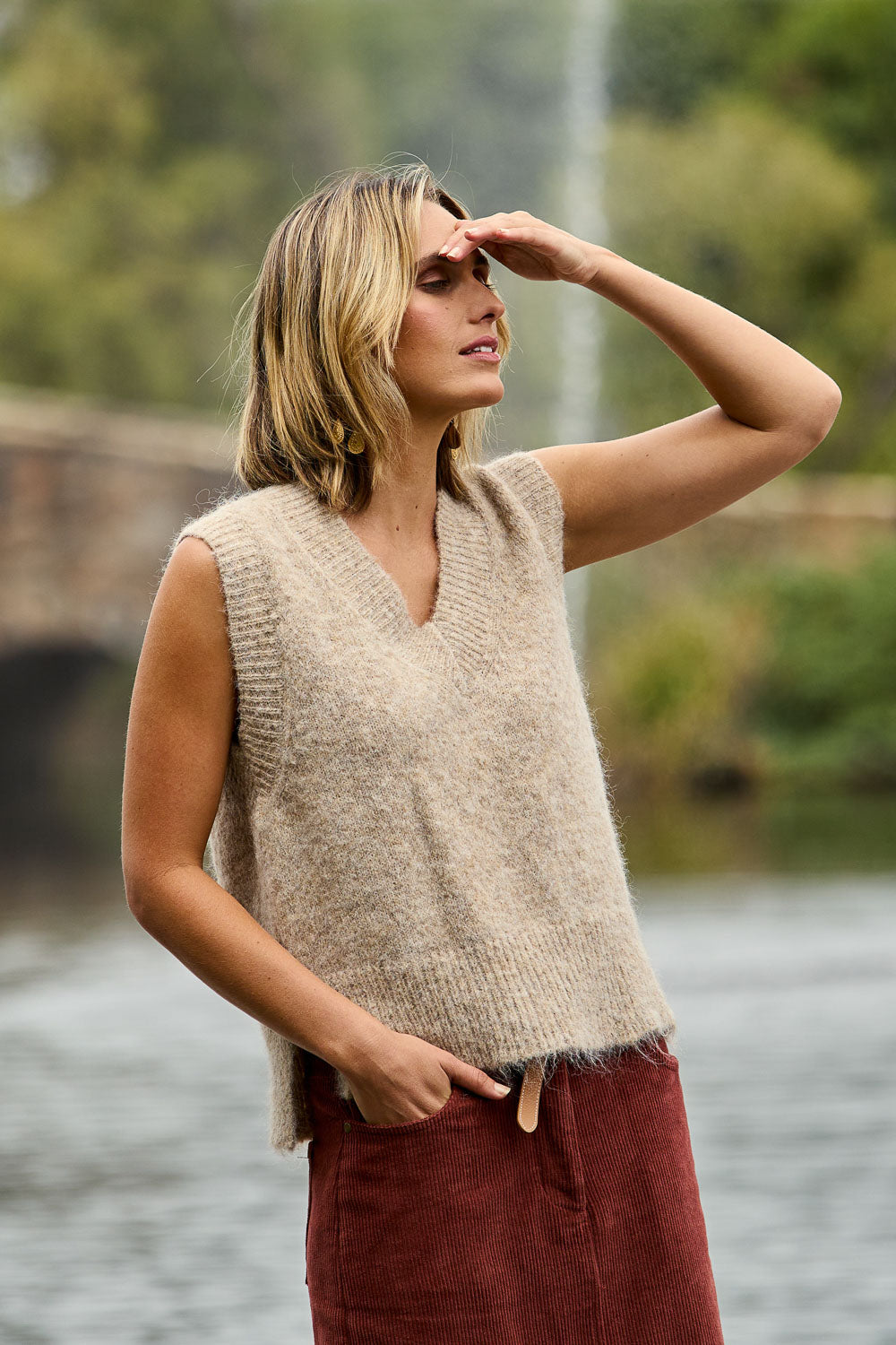 Model Tegan wearing size S of the Lovely Day Vest in colour Natural, from the front, showing the whole outfit