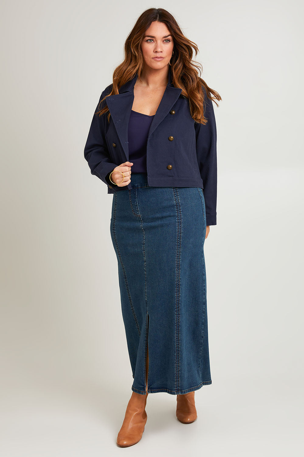 Model Laura wearing size 14 of the Coffee Date Jacket in colour Navy (Blue), from the front, showing the whole outfit
