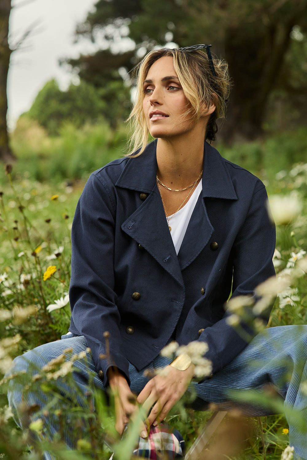 Model Tegan wearing size 10 of the Coffee Date Jacket in colour Navy (Blue), from the front, showing the whole outfit