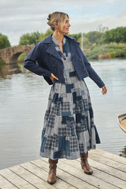 Model Tegan wearing size 10 of the Coffee Date Jacket in colour Navy (Blue), from the front, showing the whole outfit