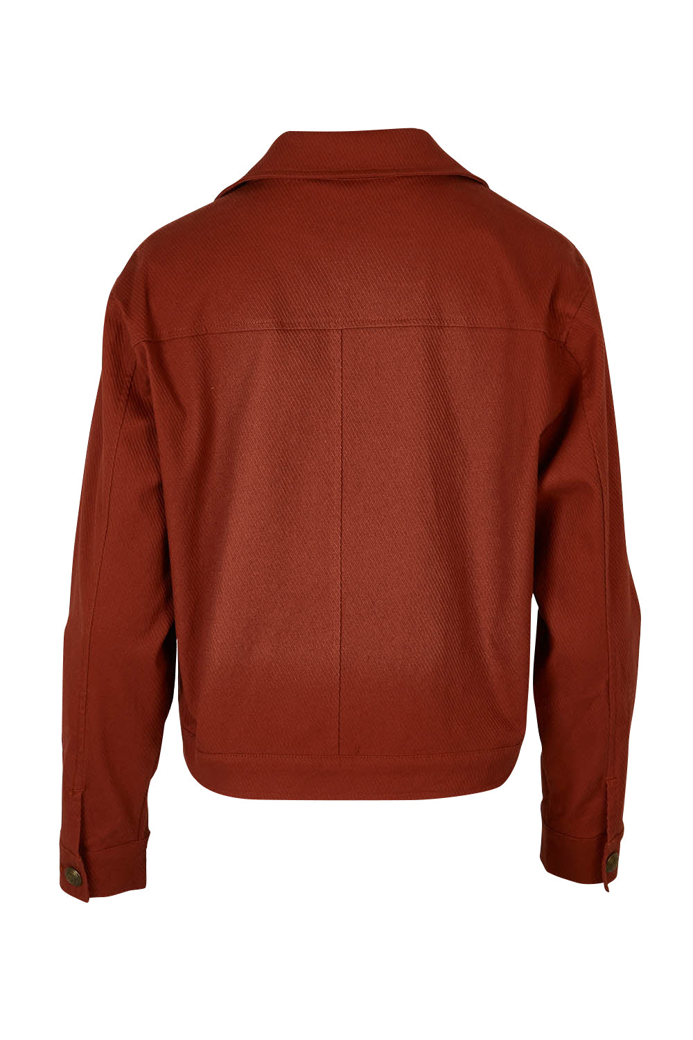 Product shot of the Coffee Date Jacket in colour Rust (Red), from the back