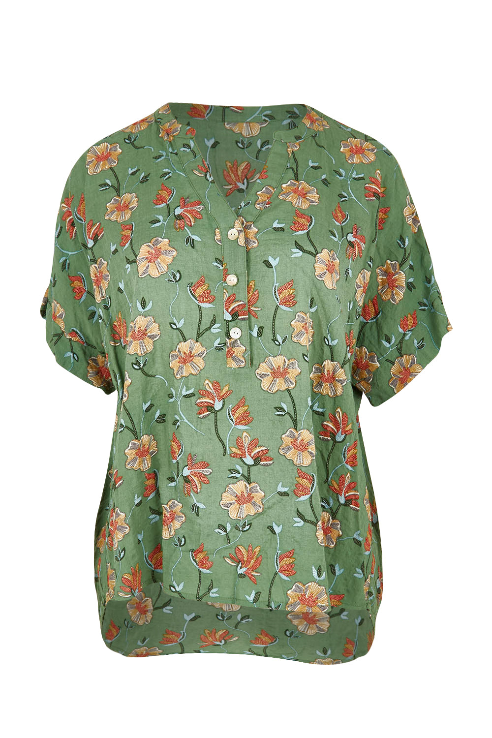 Product shot of the Flower Chain Slouch Top in colour Leaf (Green), from the front