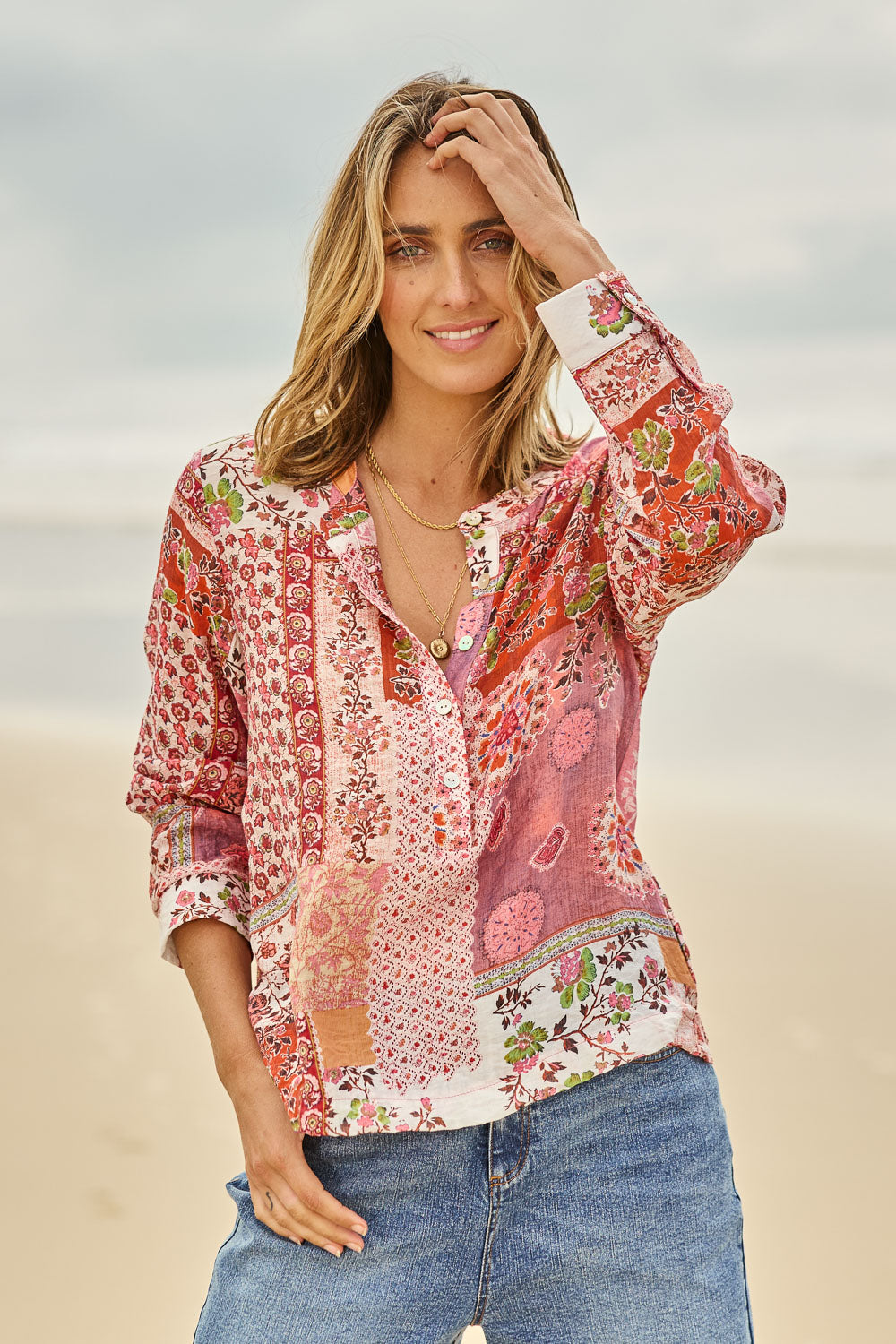 Model Tegan wearing size 10 of the Grandpa And Me Fleur Blouse in colour Pinkpatch (Pink), from the front, showing the whole outfit