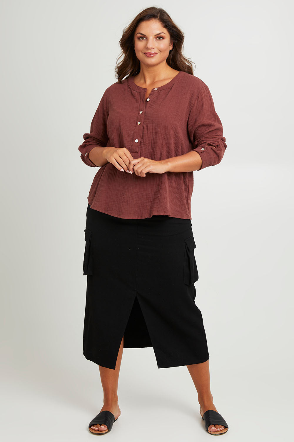 Model Monique wearing size 14 of the Grandpa And Me Cotton Blouse in colour Mocha, from the front, showing the whole outfit