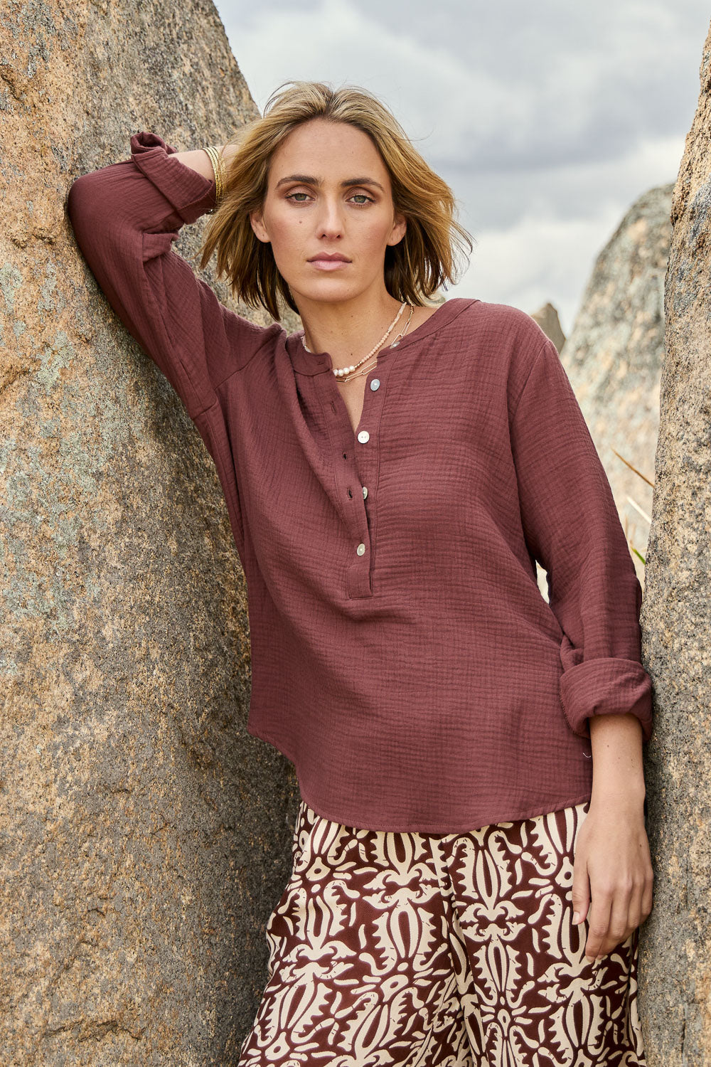 Model Tegan wearing size 10 of the Grandpa And Me Cotton Blouse in colour Mocha, from the front, showing the whole outfit