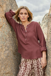 Model Tegan wearing size 10 of the Grandpa And Me Cotton Blouse in colour Mocha, from the front, showing the whole outfit