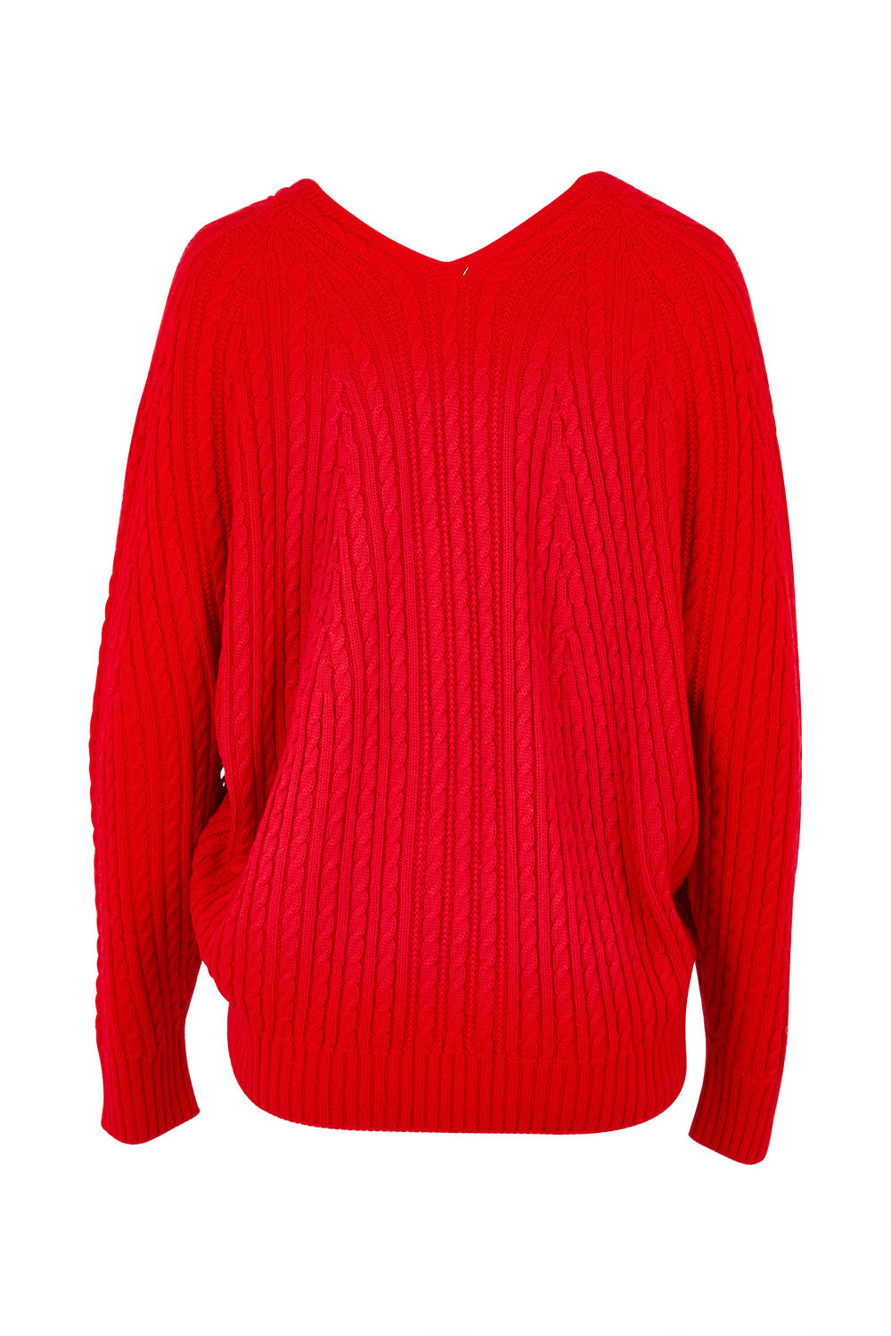Product shot of the Ready And Cable Jumper in colour Firecraker (Red), from the back