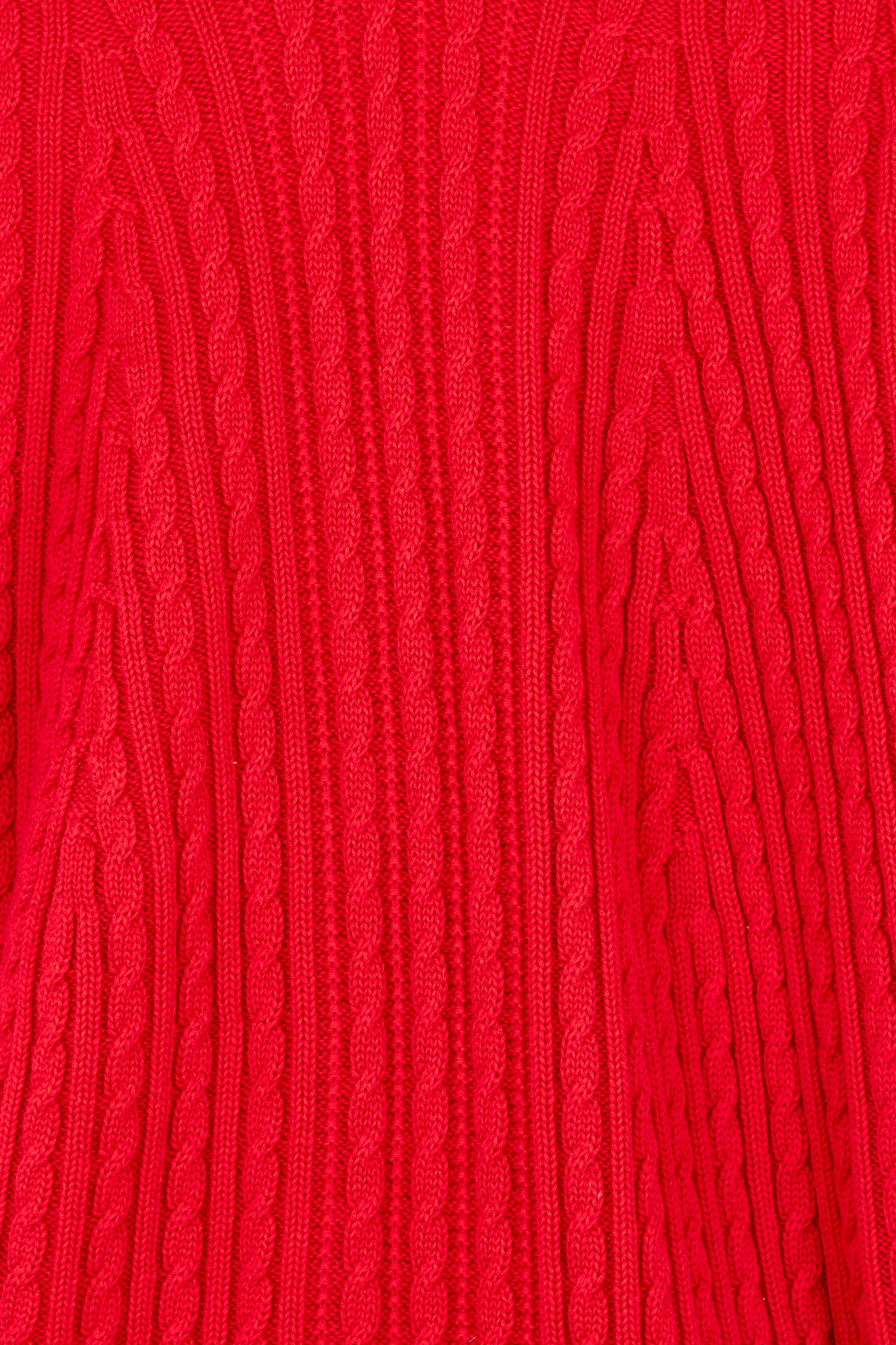 Product shot of the Ready And Cable Jumper in colour Firecraker (Red), detail