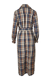 Product shot of the Check Me Out Trench Coat in colour Bluecheck (Blue), from the back