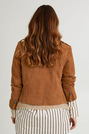 Model Laura wearing size 14 of the Come As You Are Suede Jacket in colour Tan, from the back