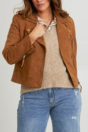 Model Laura wearing size 14 of the Come As You Are Suede Jacket in colour Tan, from the front, cropped image