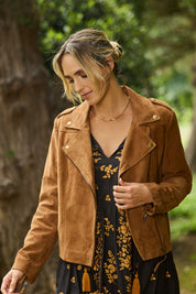 Model Tegan wearing size 10 of the Come As You Are Suede Jacket in colour Tan, from the front, showing the whole outfit