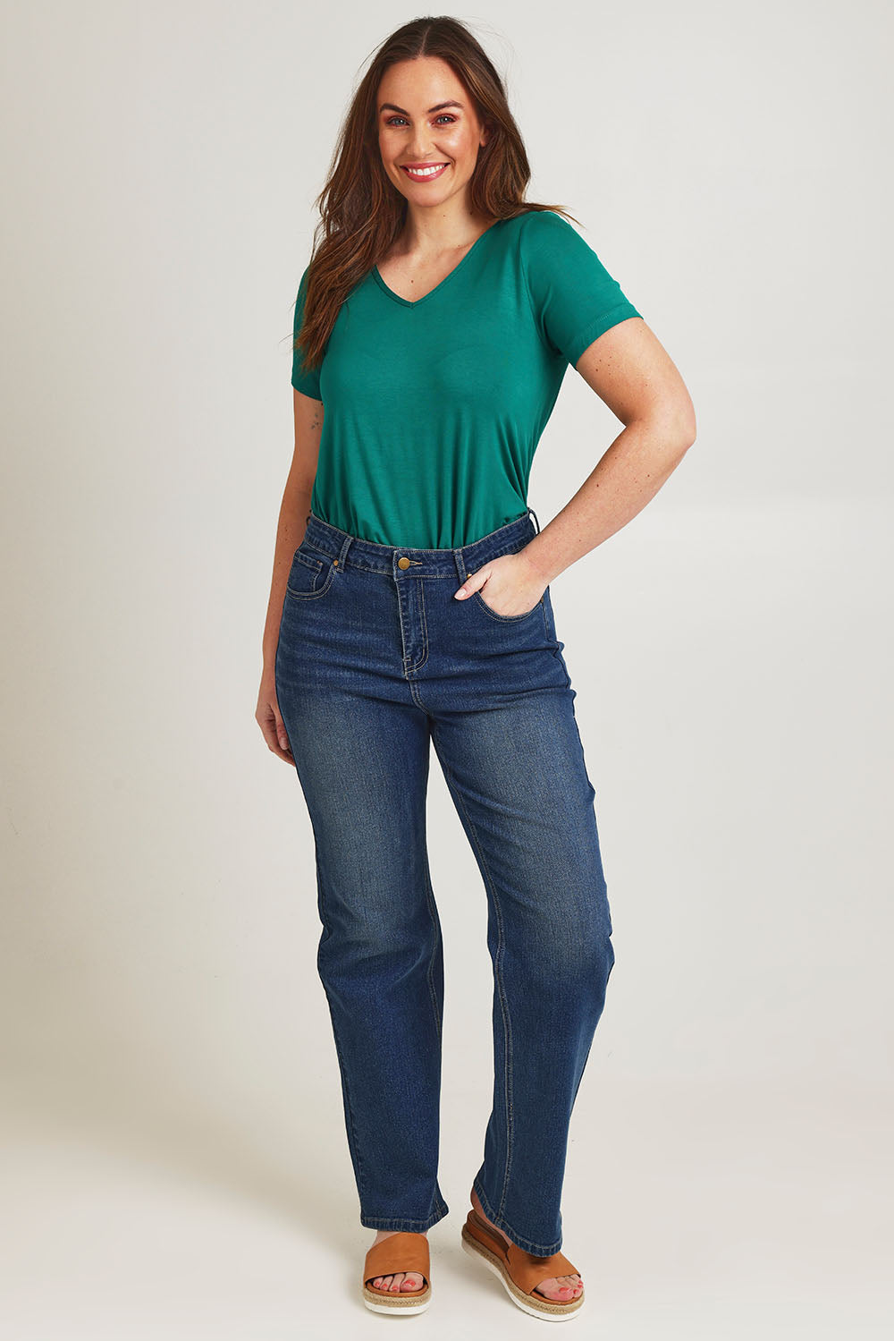 Model Jane wearing size 14 of the Pleased To Meet You Jeans in colour Denim (Blue), from the front, showing the whole outfit