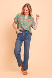 Model Olivia wearing size 10 of the Pleased To Meet You Jeans in colour Denim (Blue), from the front, showing the whole outfit