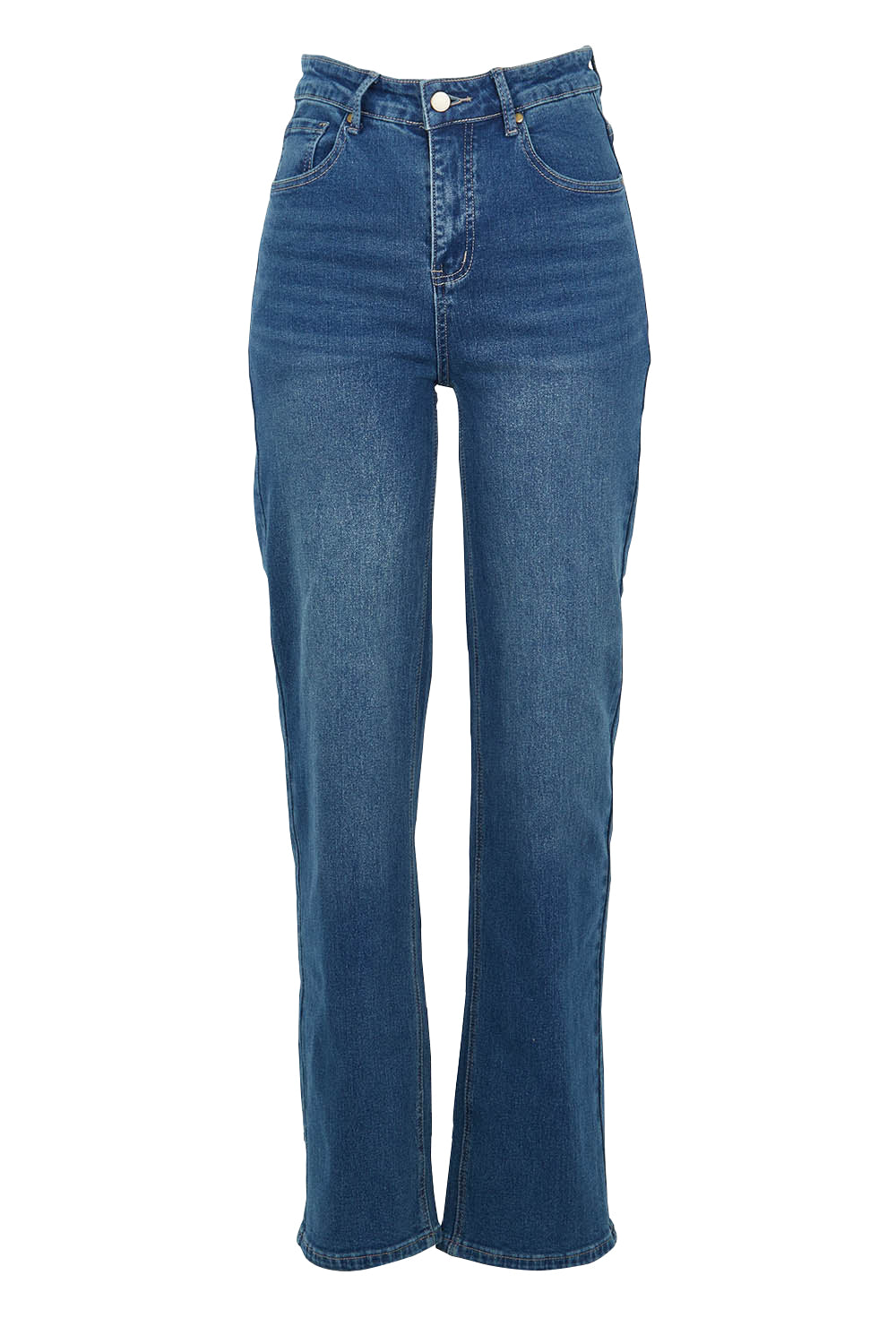 Product shot of the Pleased To Meet You Jeans in colour Denim (Blue), from the front