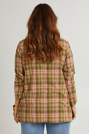 Model Laura wearing size 14 of the Check Me Out Cotton Blazer in colour Check (Green), from the back