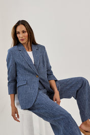 Model Amanda wearing size 10 of the Blazing Trails Blazer in colour Duskblue (Blue), from the front, showing the whole outfit