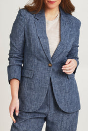 Model Jane wearing size 14 of the Blazing Trails Blazer in colour Duskblue (Blue), from the front, cropped image