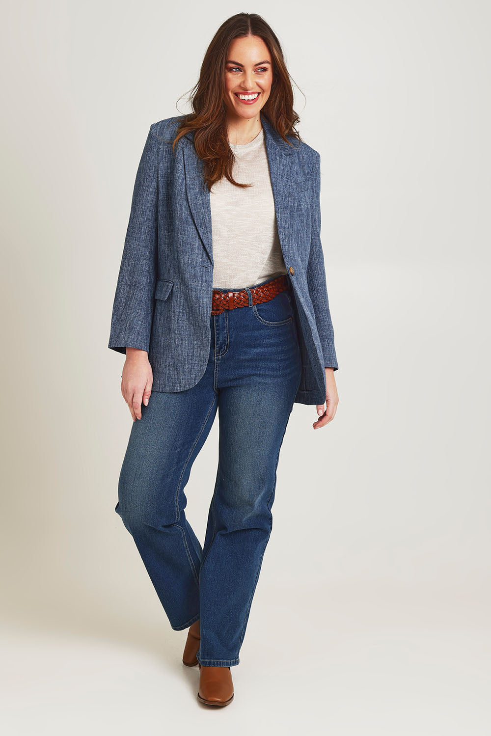 Model Jane wearing size 14 of the Blazing Trails Blazer in colour Duskblue (Blue), from the front, showing the whole outfit