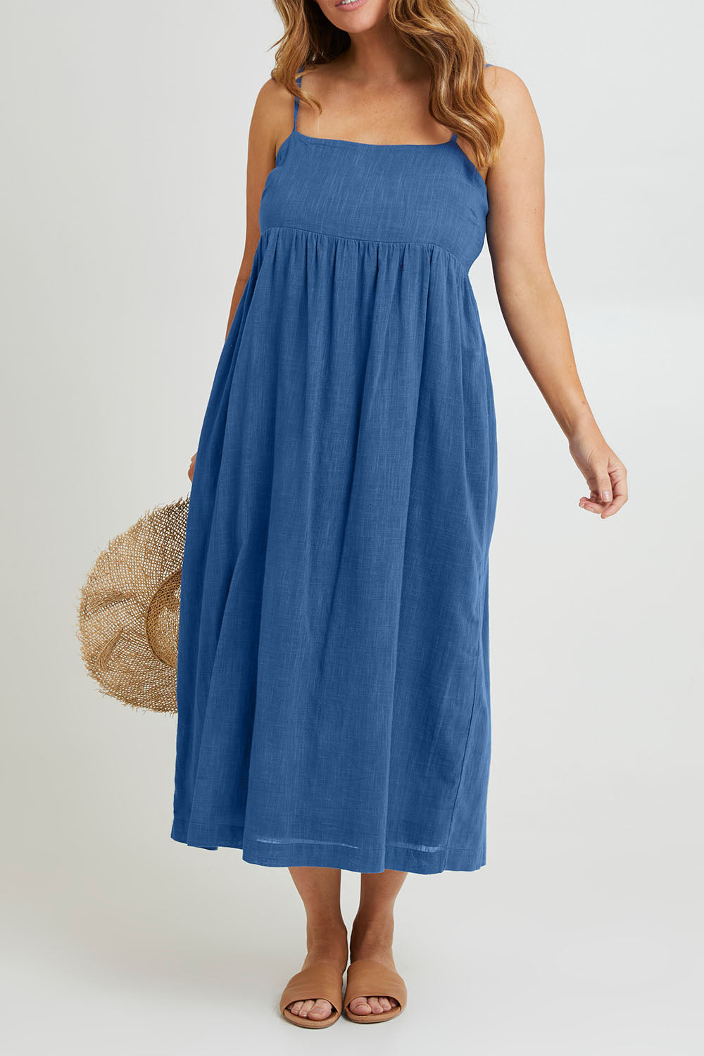 Model Laura wearing size 14 of the Feels Like Sunshine Cotton Dress in colour Dutchblue (Blue), from the front, cropped image