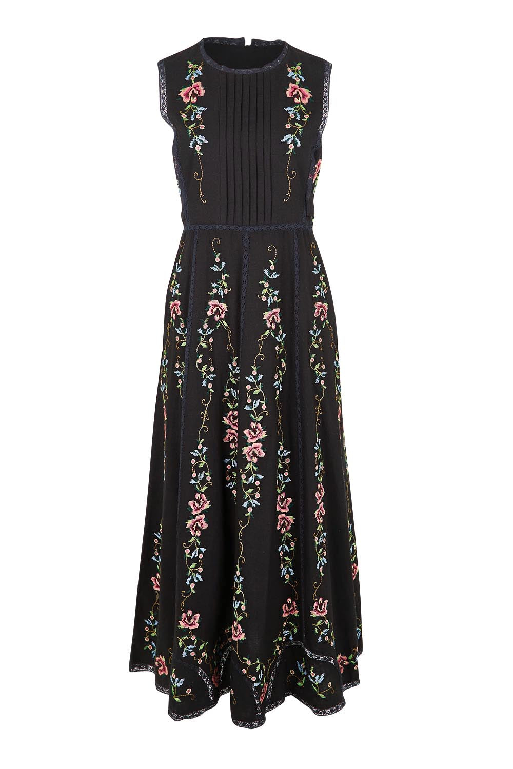 Product shot of the Fleur Muse Embroidered Dress – Black in colour Black, from the front