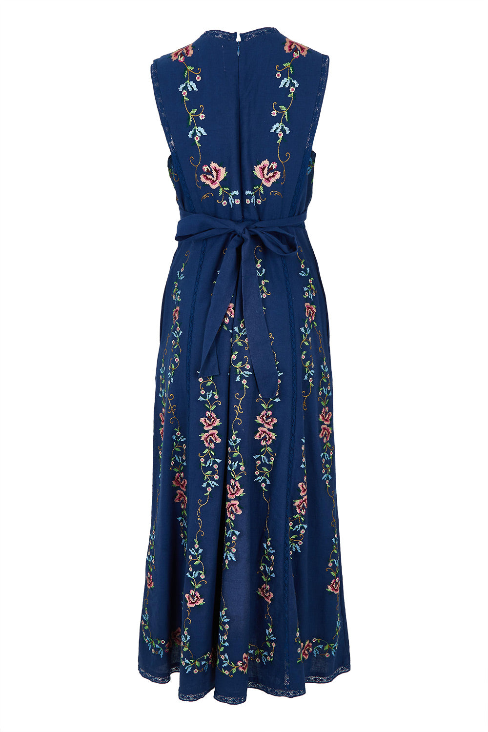 Product shot of the Fleur Muse Embroidered Dress in colour Navy (Blue), from the back
