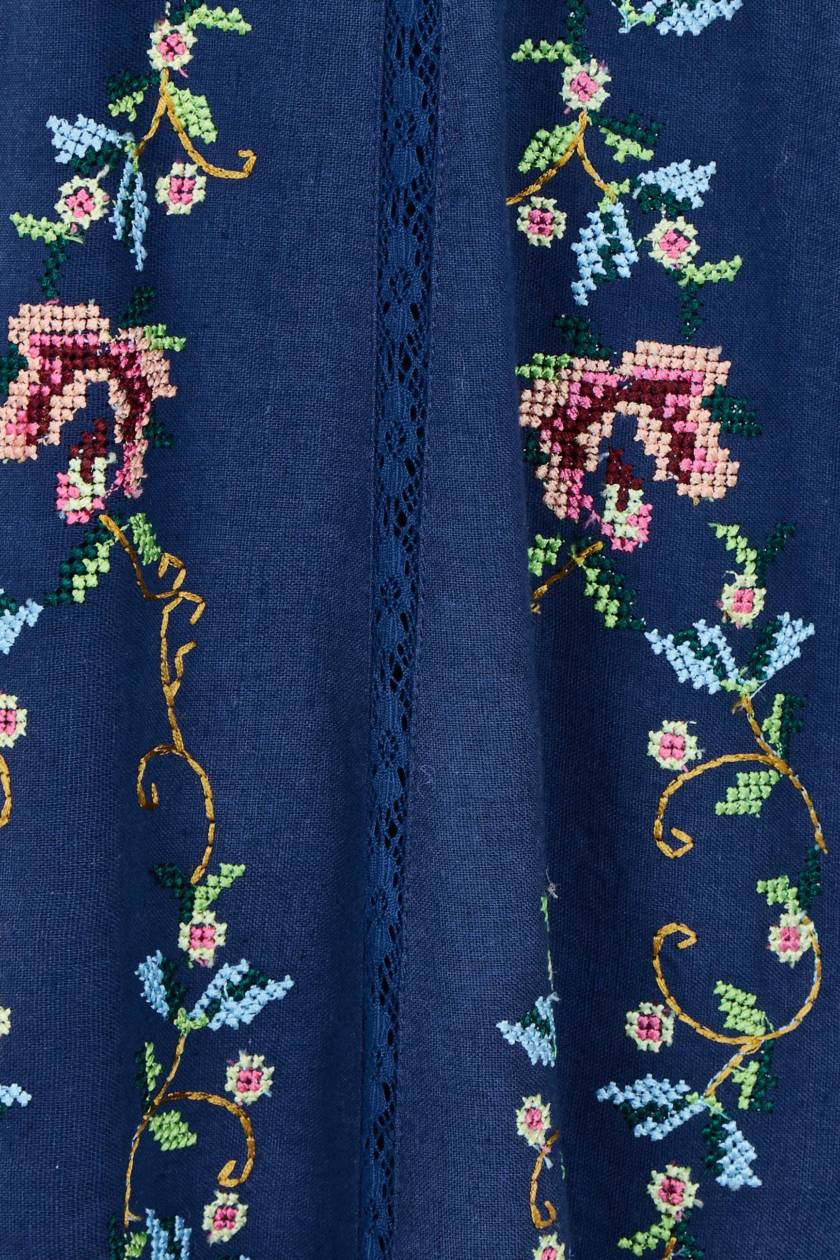 Product shot of the Fleur Muse Embroidered Dress in colour Navy (Blue), detail