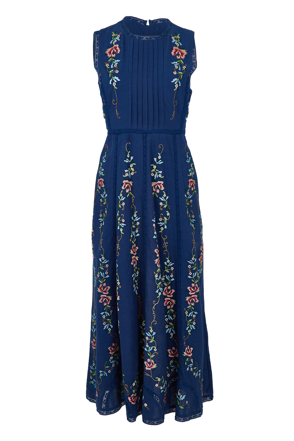 Product shot of the Fleur Muse Embroidered Dress in colour Navy (Blue), from the front