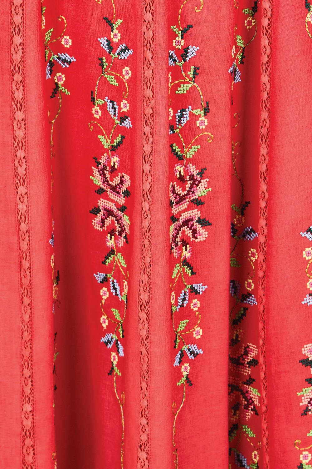 Product shot of the Fleur Muse Embroidered Dress – Red in colour Red, showing detail