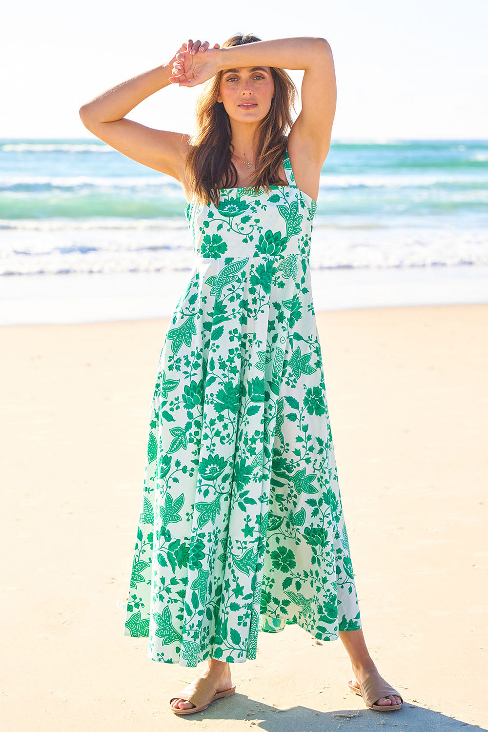 Model Tegan wearing size 10 of the Summer Fun Cotton Maxi Dress in colour Greenfleur (Green), from the front, showing the whole outfit