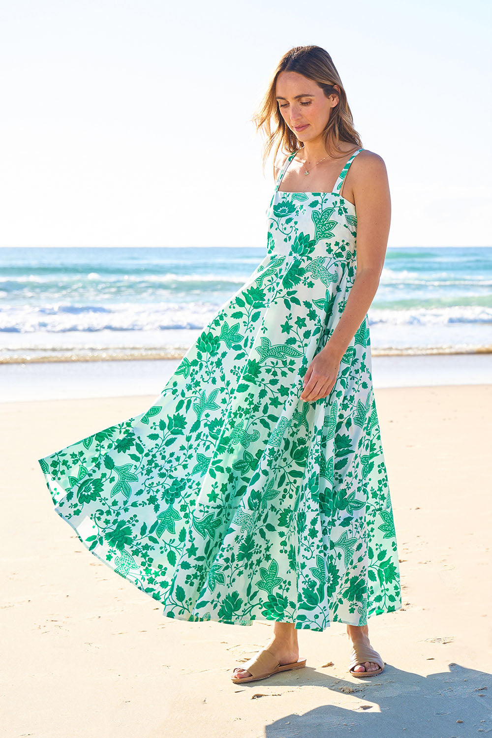 Model Tegan wearing size 10 of the Summer Fun Cotton Maxi Dress in colour Greenfleur (Green), from the front, showing the whole outfit