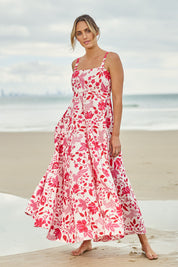 Model Tegan wearing size 10 of the Summer Fun Cotton Maxi Dress in colour Pinkred (Red), from the front, showing the whole outfit