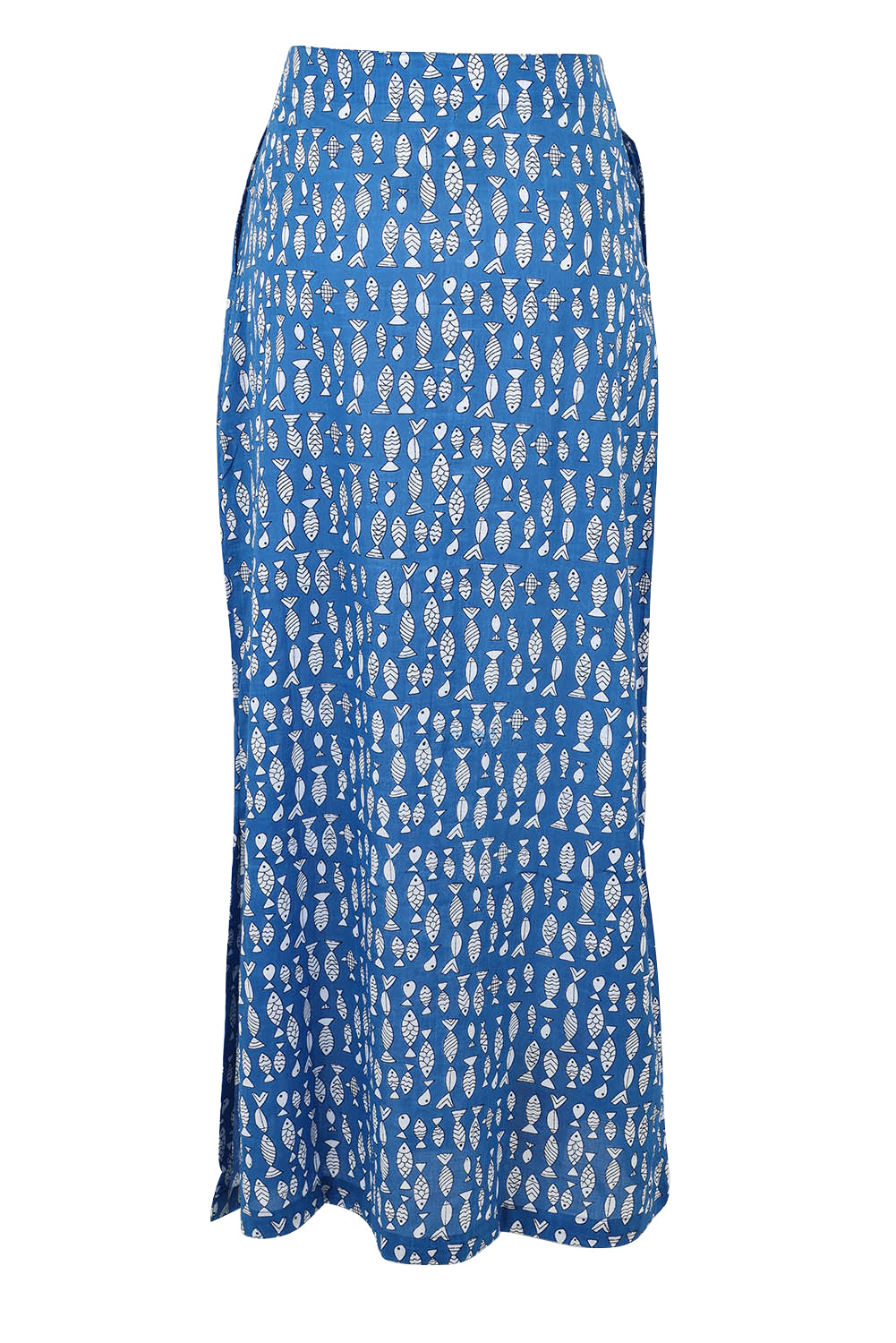 Product shot of the By The Water Skirt in colour Bluefish (Blue), from the back