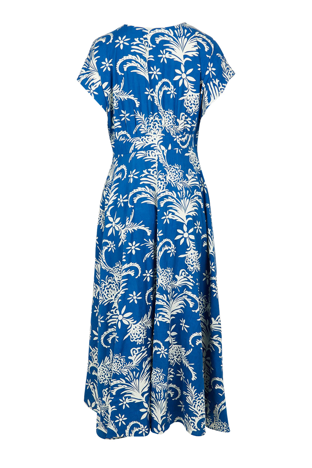 Product shot of the Double Take Wrap Dress in colour Bluefleur (Blue), from the back