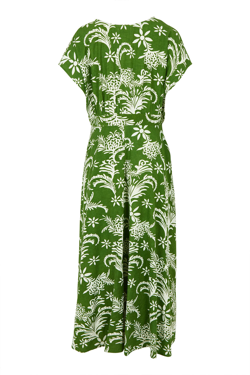 Product shot of the Double Take Wrap Dress in colour Grnfleur (Green), from the back