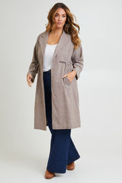 Model Laura wearing size 14 of the Living Life Slouch Jacket in colour Bark, from the front, showing the whole outfit