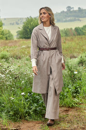 Model Tegan wearing size 10 of the Living Life Slouch Jacket in colour Bark, from the front, showing the whole outfit