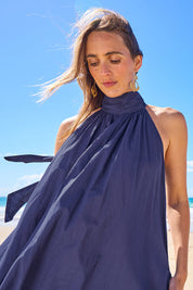 Model Tegan wearing size 10 of the Dream Daze Cotton Maxi Dress in colour Deepblue (Blue), from the front, showing the whole outfit