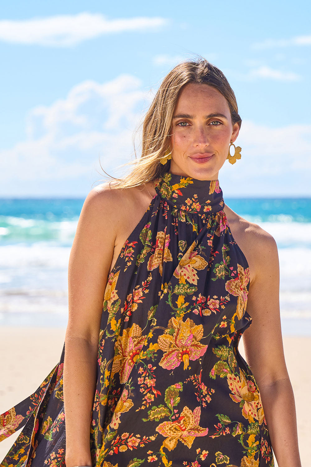 Model Tegan wearing size 10 of the Dream Daze Cotton Maxi Dress in colour Blackpink (Black), from the front, showing the whole outfit