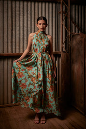 A model wearing the Dream Daze Cotton Maxi Dress in colour Sky (Blue), from the front, showing the whole outfit